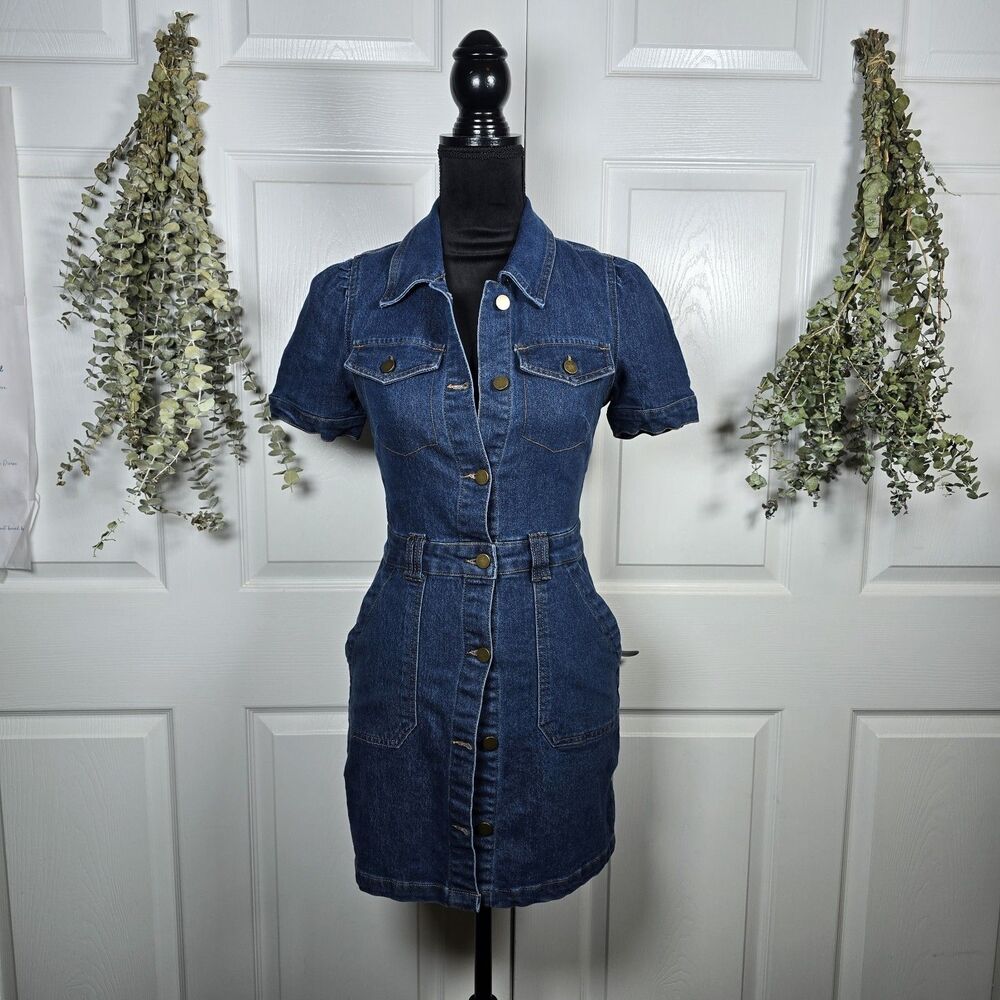 Love Fire Dark Wash Denim Dress Button Front Puff Short Sleeve XS